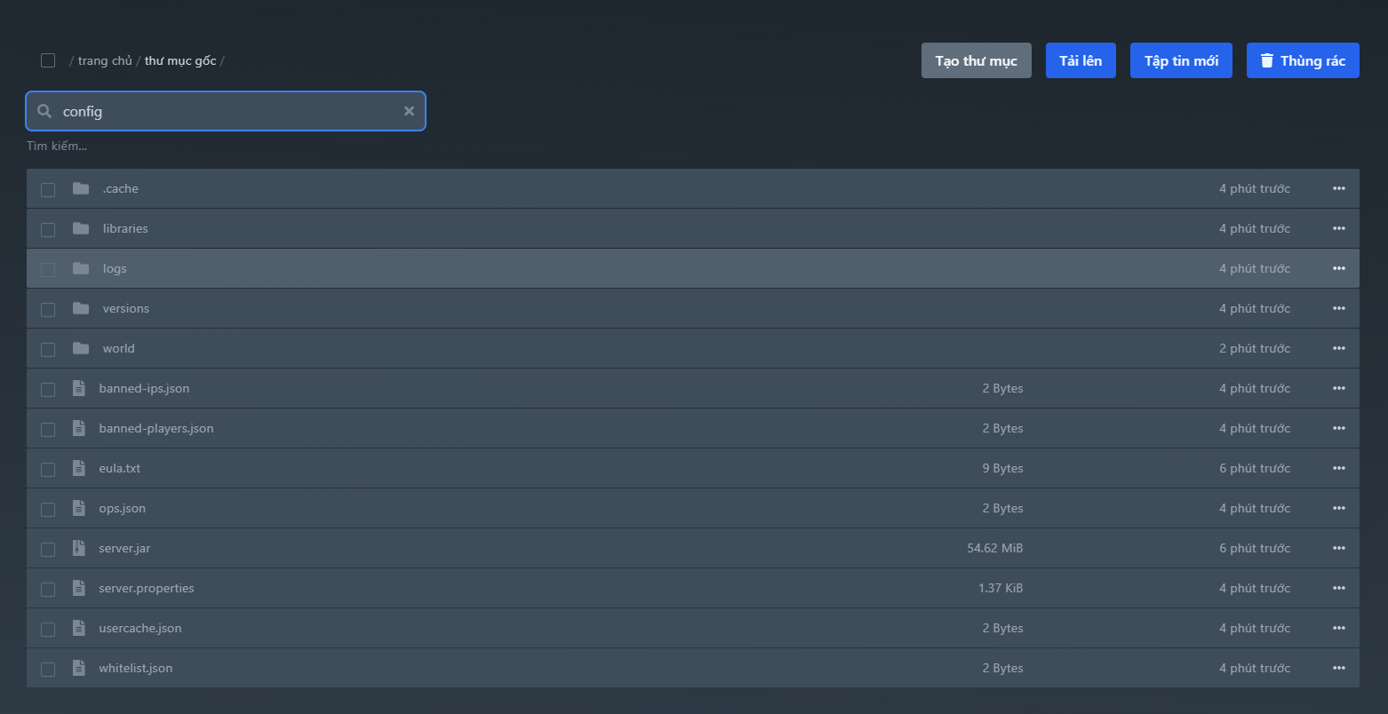 Quản lý tệp tin thông minh cho Minecraft hosting, tìm file config nhanh